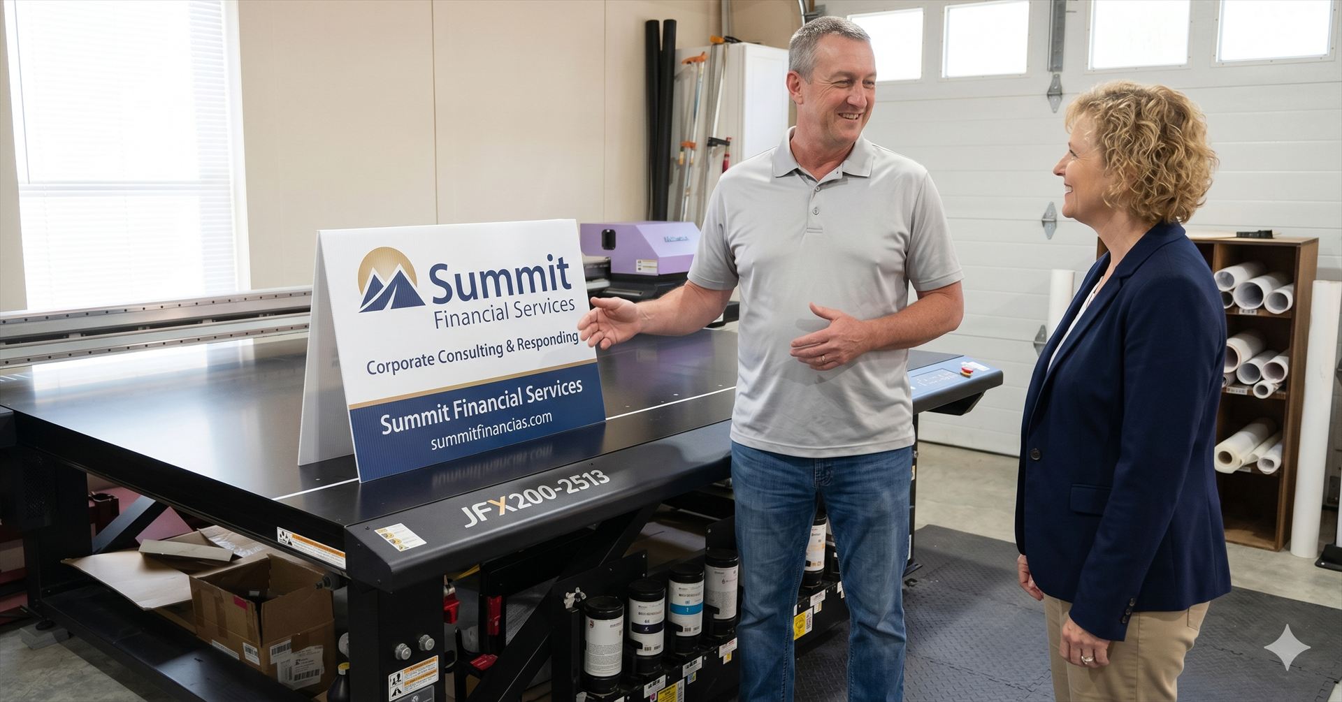 Two people discussing a Summit Financial Services sign in a workshop setting.